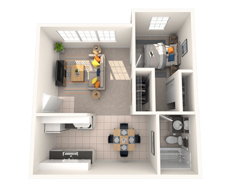 Floor plan for 1 bed, 1 bath, 553 sqft